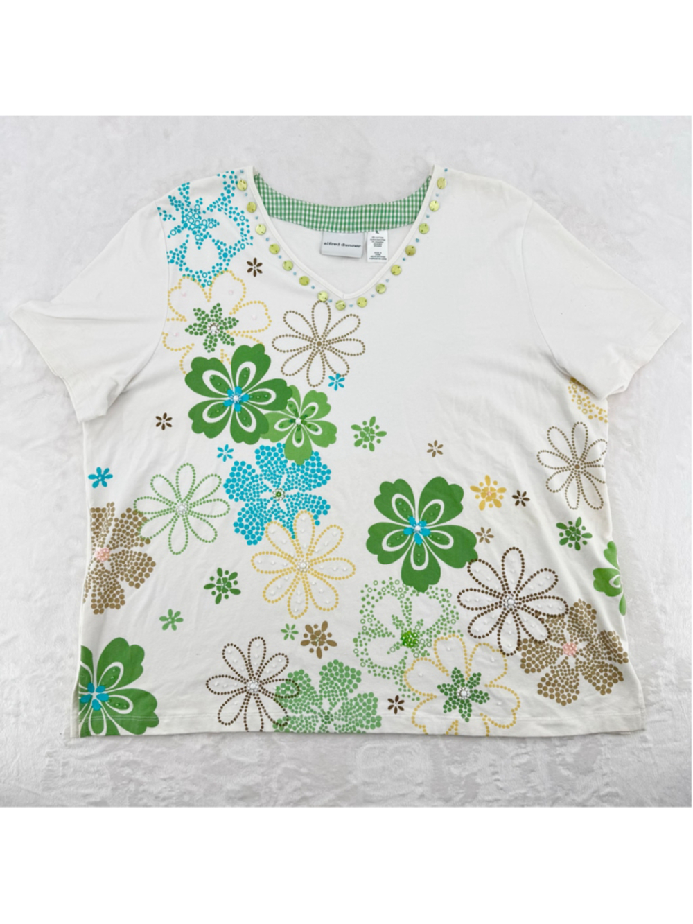 Vintage Retro Daisy Flower Tee Beaded V neck Hippie Boho Size XL